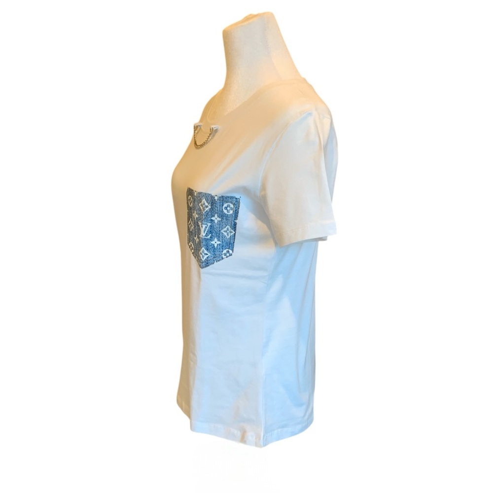 ➰Louis Vuitton Style Logo Jacquard Denim Pocket T-Shirt ➰ - Picture 8 of 9